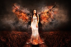 A dark virgin angel with flames and a white dress